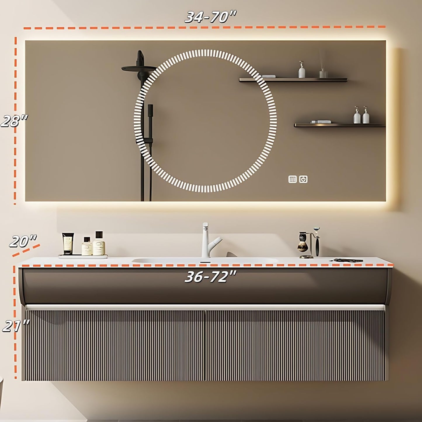 Solid Wood Bathroom Vanity Set - Wall Mounted Bathroom Cabinet with Light, Mirror with Light & Defog, Exquisite Accessories (Mirror Style, 28'')