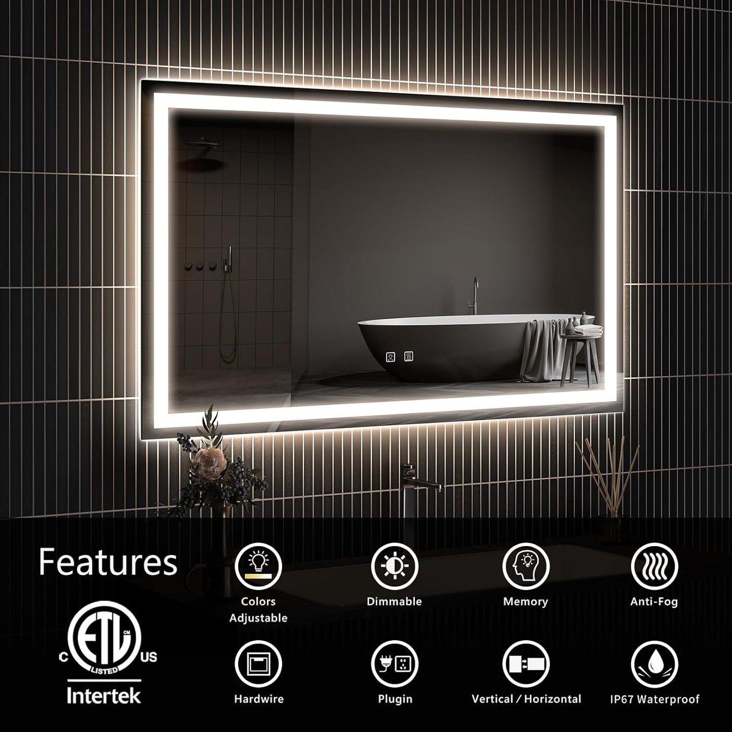 APRILSOUL 40x32 Inch LED Bathroom Mirror with Front and Backlit, Makeup Mirror with 3 Color Lights, Memory Function, Anti-Fog and Dimmable Light (Horizontal)