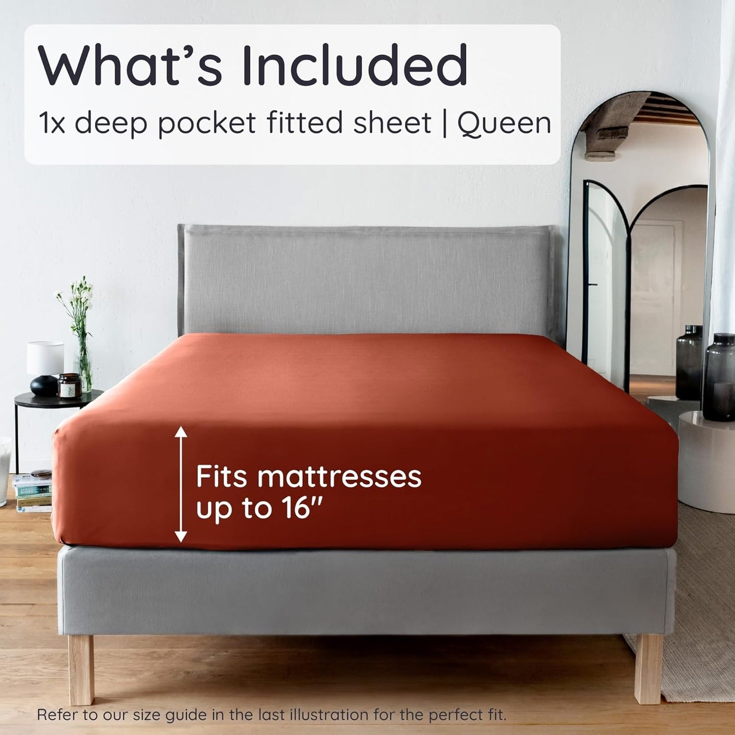 Bambaw Queen Size Fitted Sheet Only, 100% Viscose Derived from Bamboo Fitted Sheet Queen Size, 16’’ Deep Pocket, Breathable & Cooling (Terracotta)