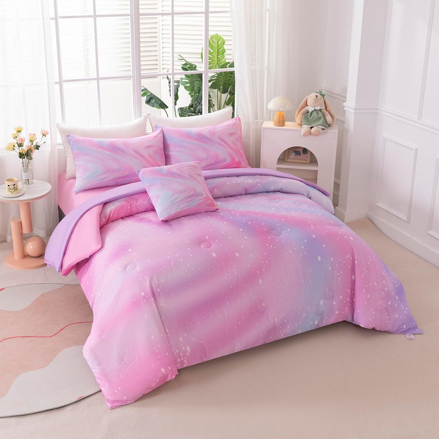 4Pcs Girls Comforter Sets Queen for Girls Kids, Gradient Colorful Rainbow Bedding Set Queen Bed in A Bag (1 Comforter, 1 Flat Sheet, 2 Pillowcases)