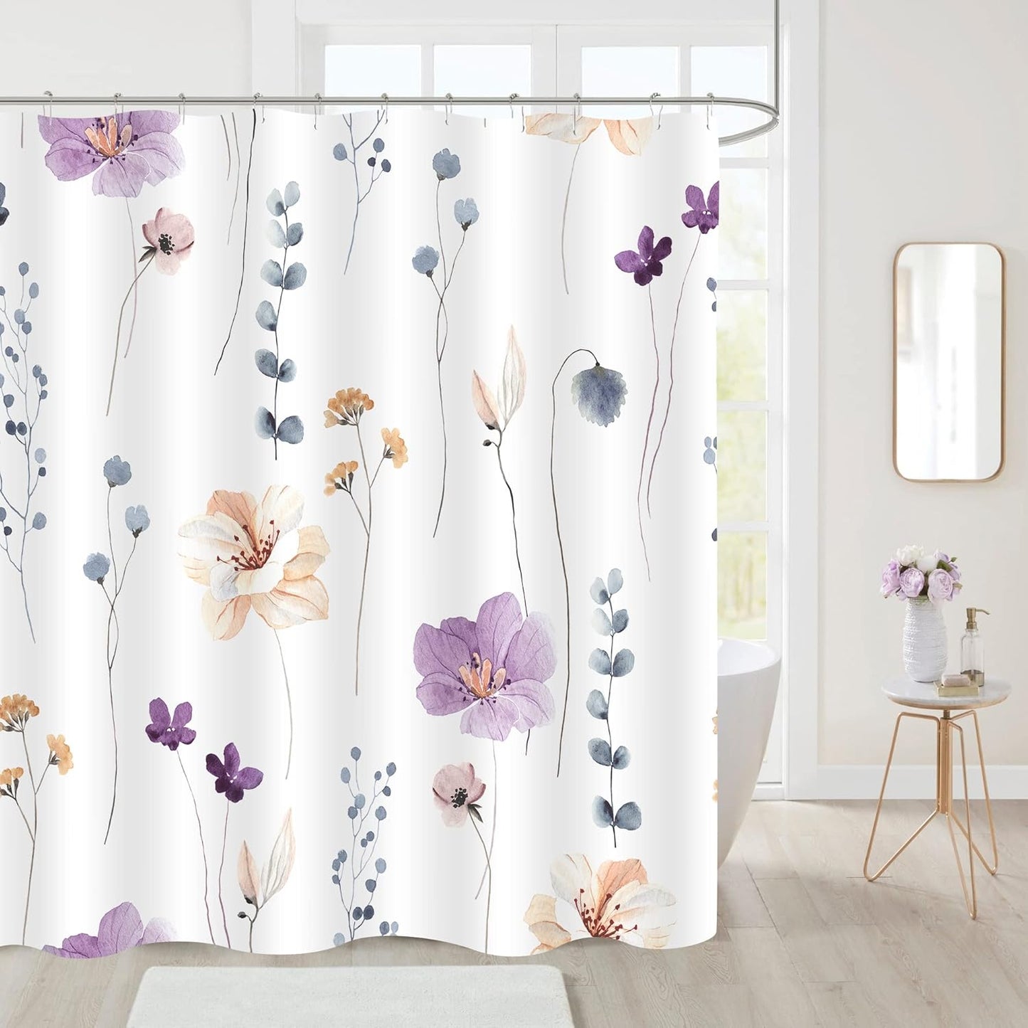 Gibelle Small Stall Shower Curtain 36 x 72, Narrow Half Watercolor Floral Fabric Shower Curtain, Purple Beige Flower Decorative Bathroom Shower Curtain Set with Hooks
