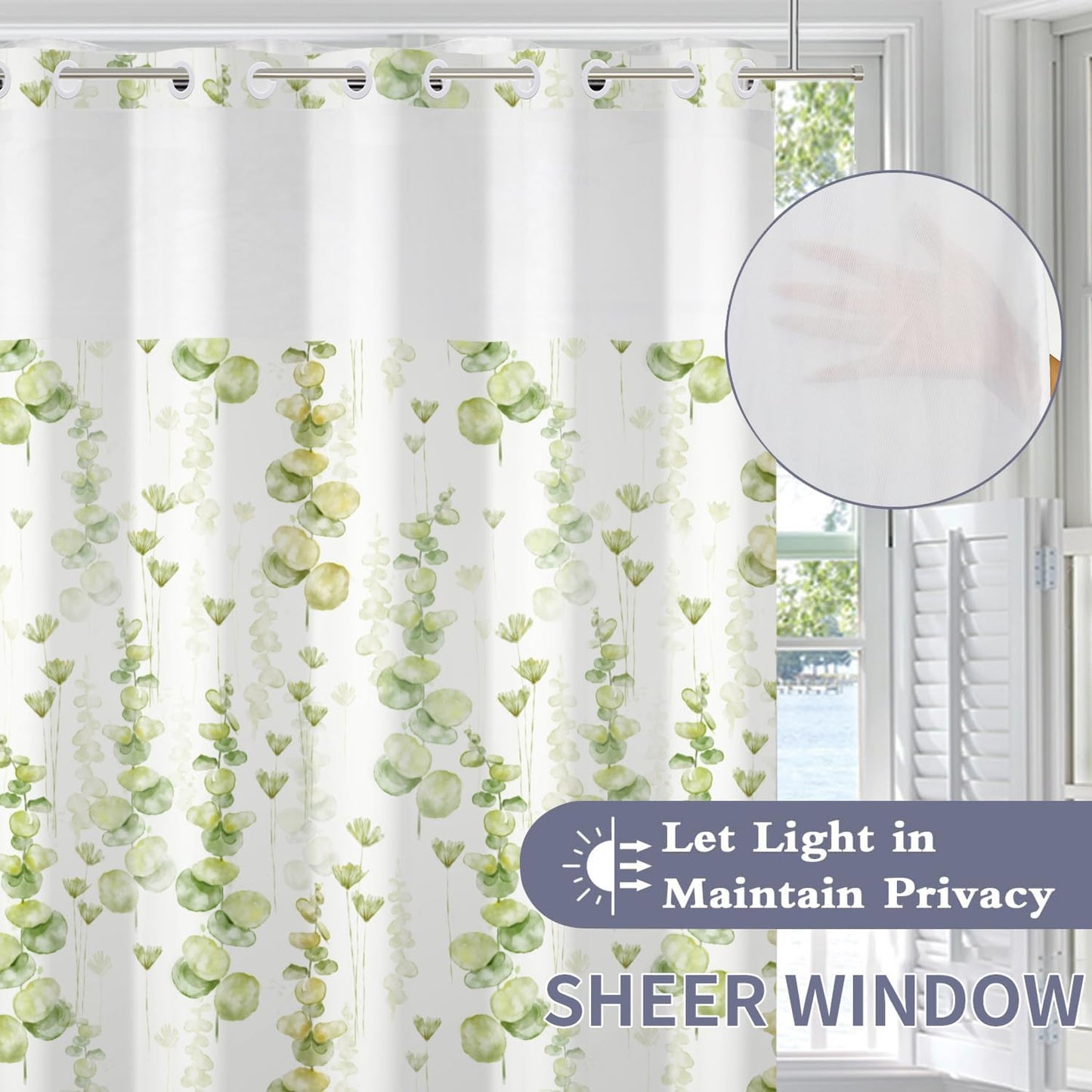 Green Leaves Shower Curtain No Hooks with Snap-in Fabric Liner Set,Spring Plant Vine Shower Curtain for Bathroom,Hotel Decor Waterproof Shower Curtains,with See Through Top Window,71W x 74H