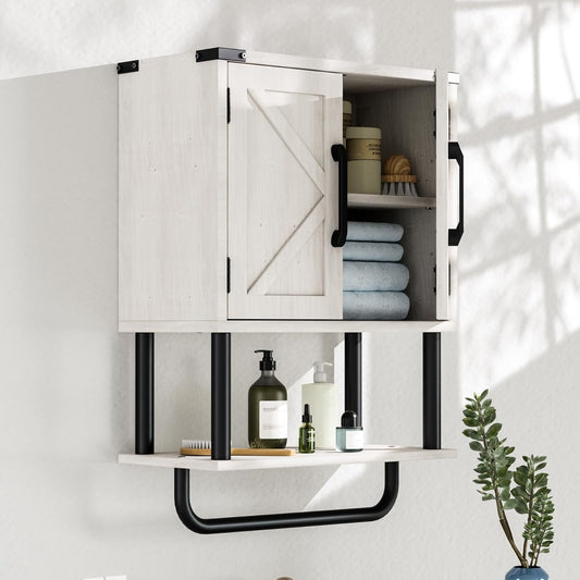 AmazerBath Bathroom Wood Wall Cabinets, Farmhouse Medicine Cabinets Organizer with Towel Bar, Hanging Small Storage Cabinet with Adjustable Shelf, 2 Doors Wall Organizer Cabinet for Small Spaces