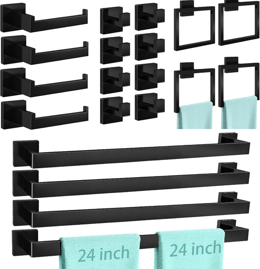 20-Piece Matte Black Bathroom Hardware Set, 24 Inch Bath Towel Bar Set, Stainless Steel Wall Mounted Towel Rack for Bathroom