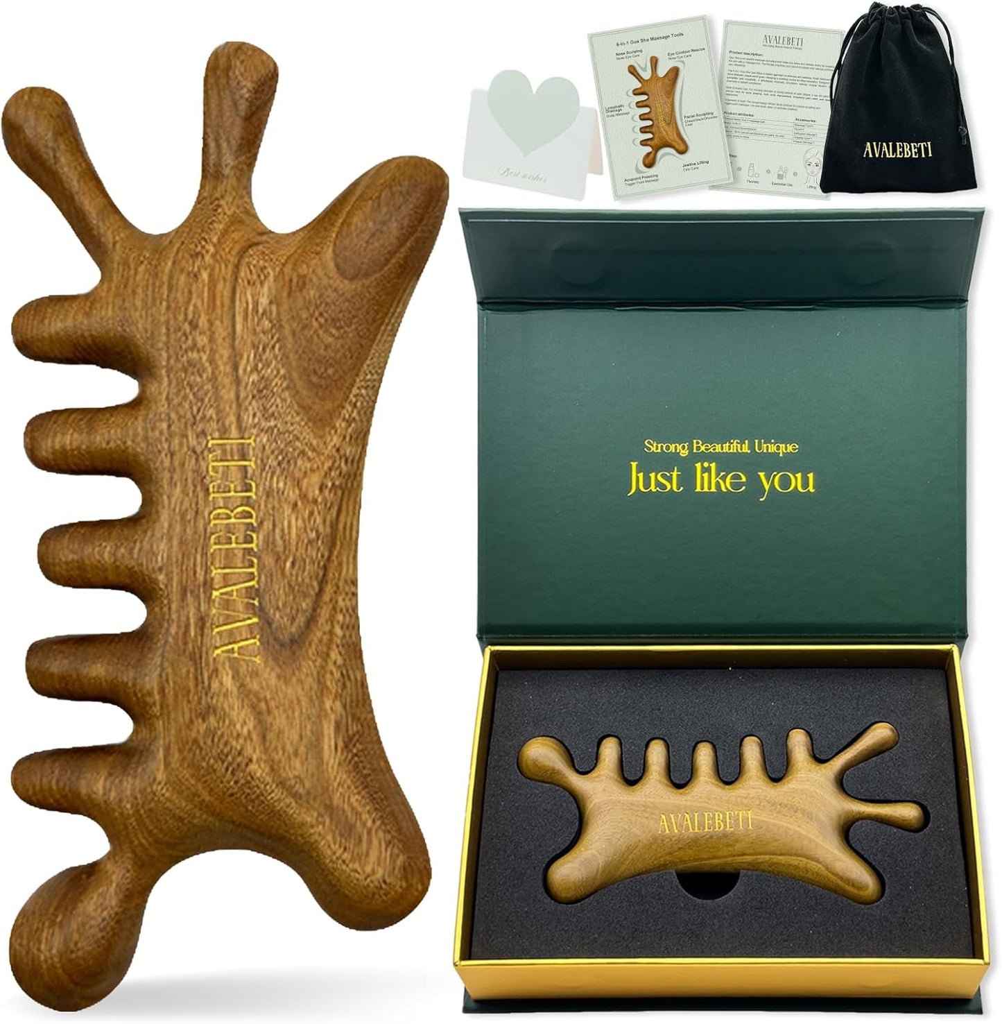 6-in-1 Gua Sha Tool for Face & Body, Natural Sandalwood – Lymphatic Drainage, Jaw Lifting & Nose Sculpting, Head Scalp Massage Comb for Stress Relief, Home Office Self Care Gifts for Women