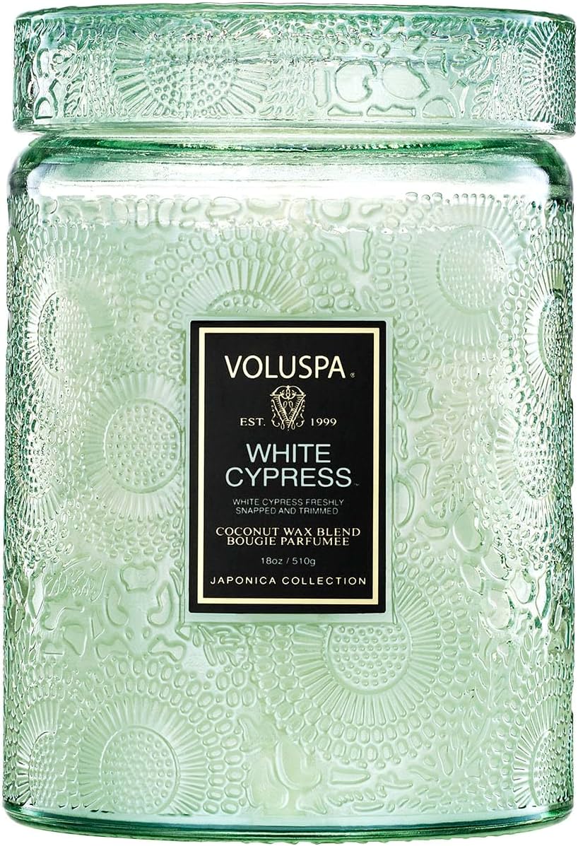 Voluspa White Cypress,Large Candle Jar,18 Ounce,100 Hour Burn Time, & Coconut Wax for Clean Burning,,Handcrafted in the USA