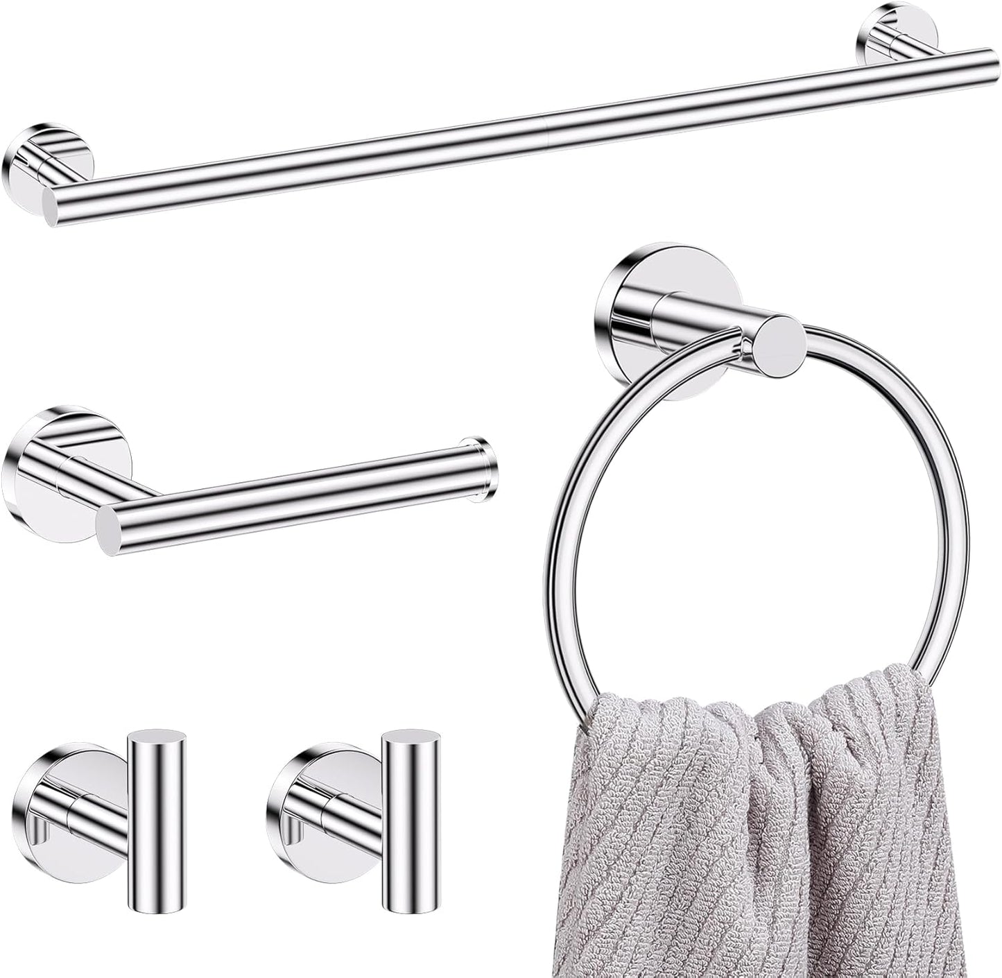 Lairuier 5 Pieces Polished Chrome Bathroom Accessories Set, SUS304 Stainless Steel 24 Inch Bath Towel Bar Set, Round Toilet Paper Holder Set Wall Mounted