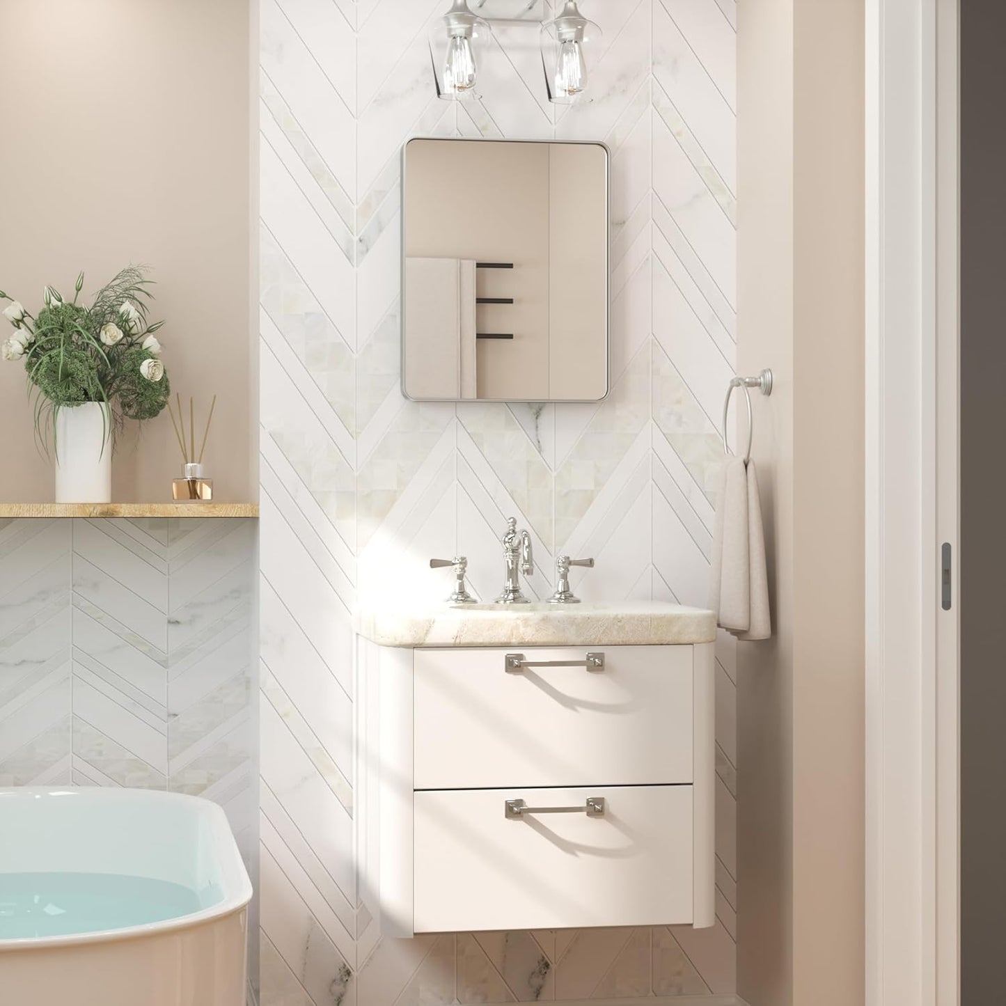 Keonjinn 16 x 20 Inch Brushed Nickel Bathroom Mirrors for Over Sink, Rounded Rectangle Silver Bathroom Vanity Mirror, Metal Framed Farmhouse Mirror for Wall, HD Tempered Glass(Horizontal/Vertical)