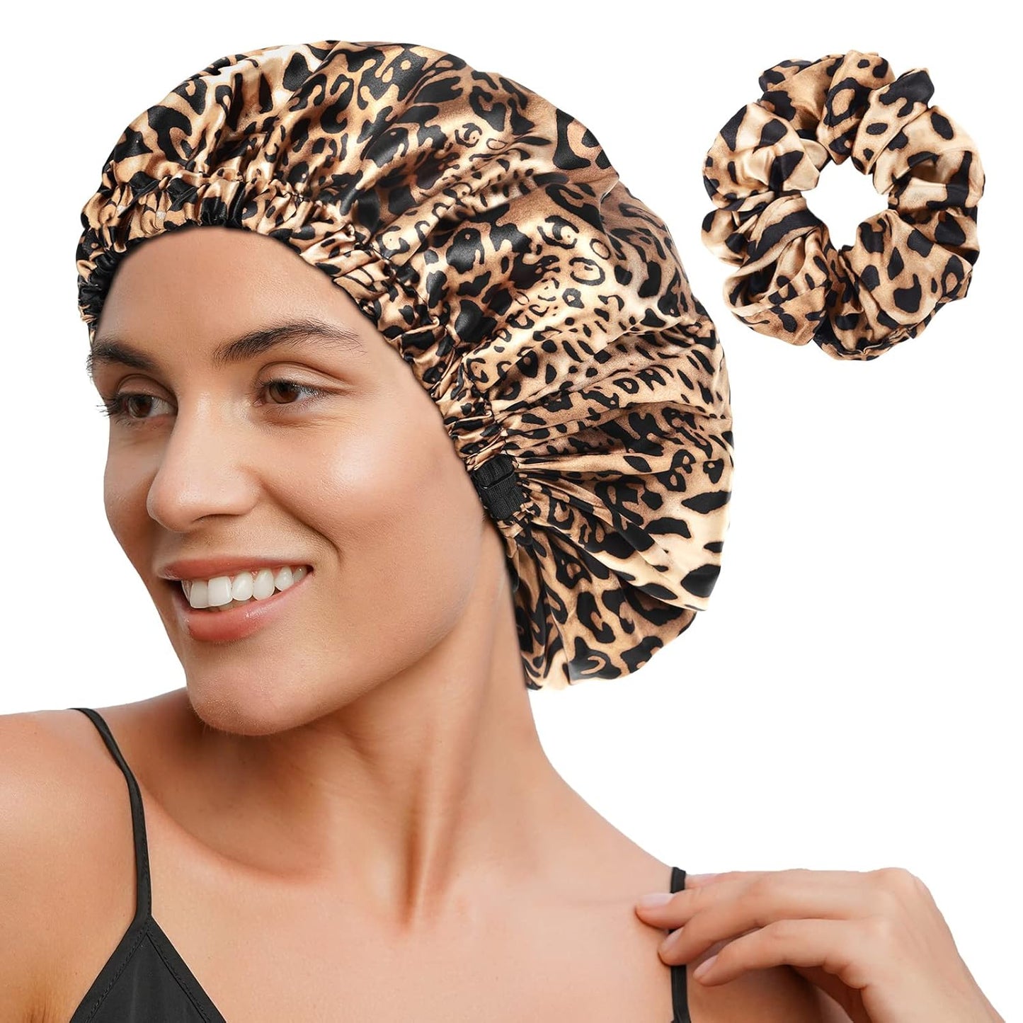 YANIBEST Adjustable Silk Bonnet Double Layer Satin Bonnet Hair Bonnet for Sleeping Bonnets for Women Hats Curly Natural Hair, Bold Cheetah