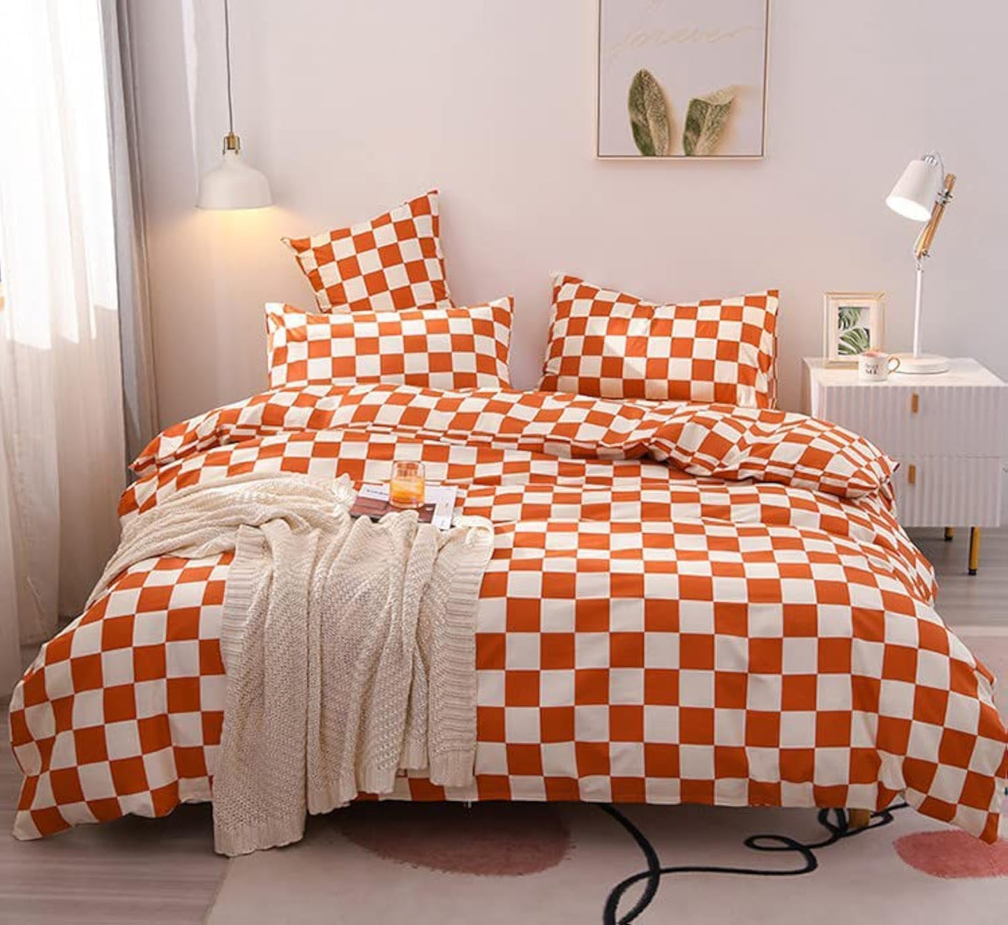 KAREVER Orange White Grid Comforter Set Twin Burnt Orange Plaid Bedding Set Girls Reddish White Checkered Bed Blanket Set Kids Durable Breathable Bedding Comforter Set