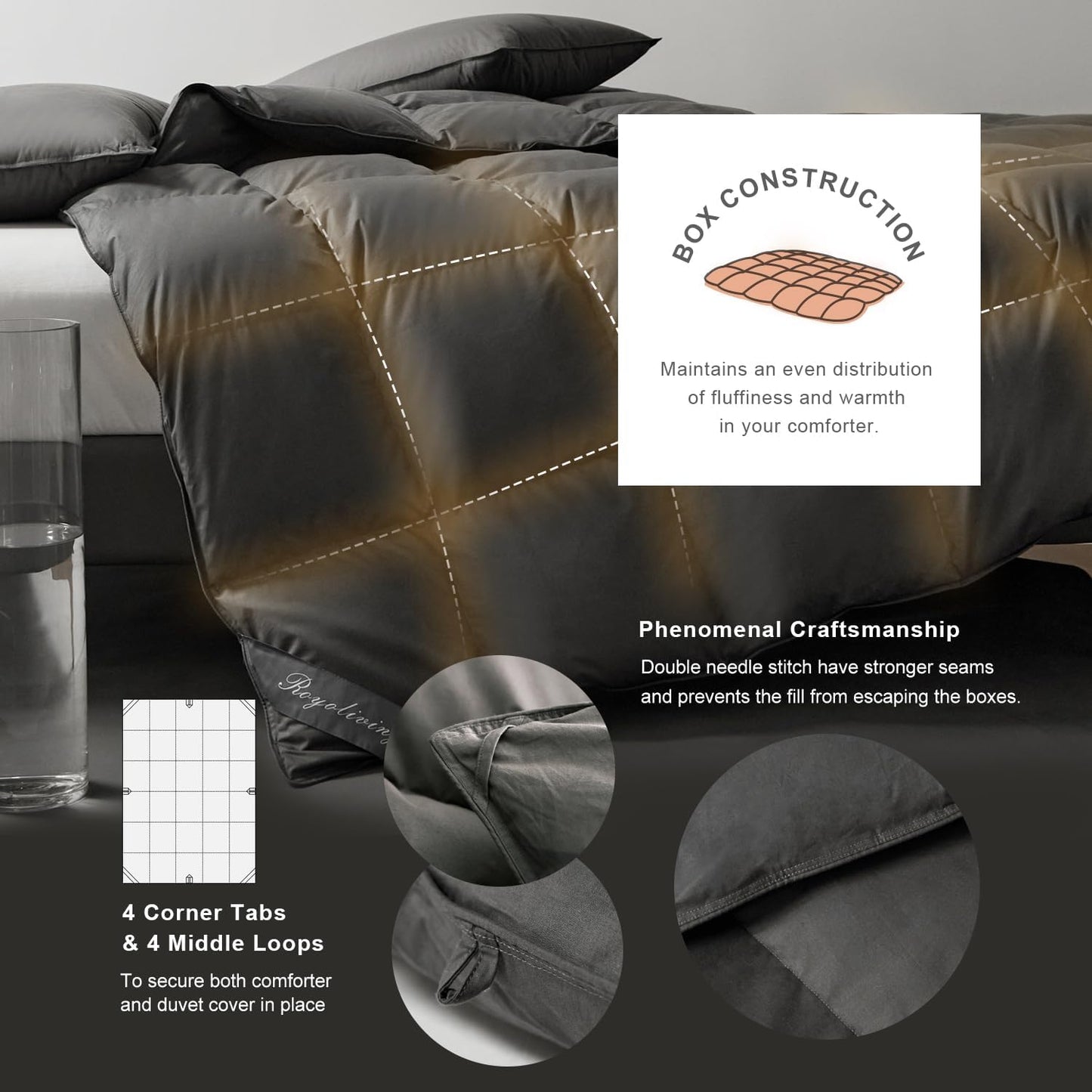 Royoliving Premium Feathers Down Duvet Insert Comforter Twin Size Charcoal Grey Heavyweight Thickened Winter 100% Cotton Cover with Corner Tabs (68x90, 45 oz)