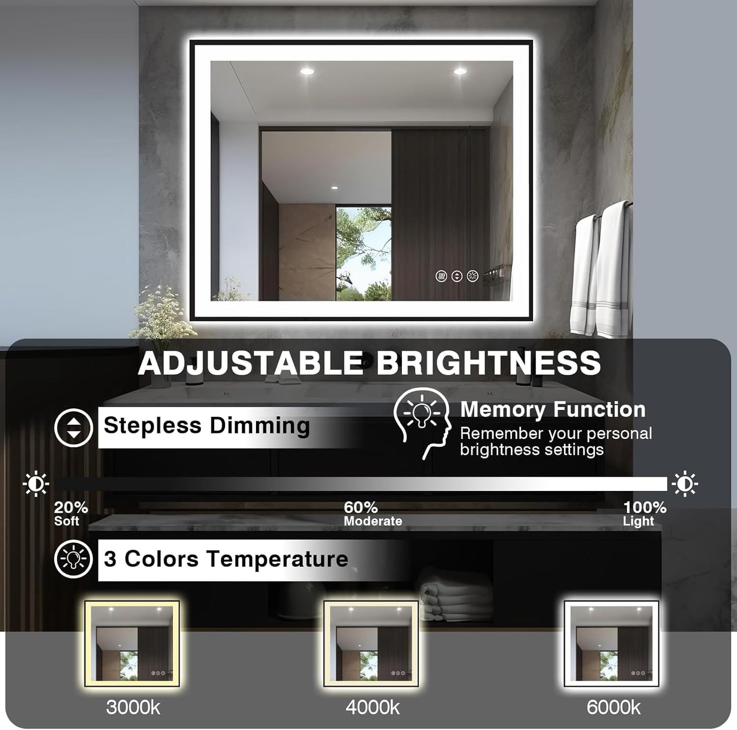 40x32 LED Bathroom Mirrors for Wall -Black Aluminum Framed (Front and Backlit), Anti-Fog Vanity Mirror With Lights,Stepless Dimmable Lighted Mirror,3 Colors Smart Mirror(Horizontal/Vertical)