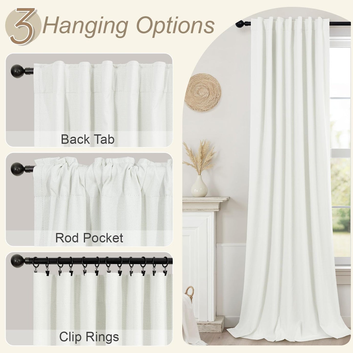 Black Out Curtains 72 Inch Long 2 Panel Burg Lightweight Faux Linen Cute Blackout Bay Window Curtain Modern Neutral Drapes for Bedroom Cabin Room Darkening Curtains 6FT Length Back Tab Ivory Off White