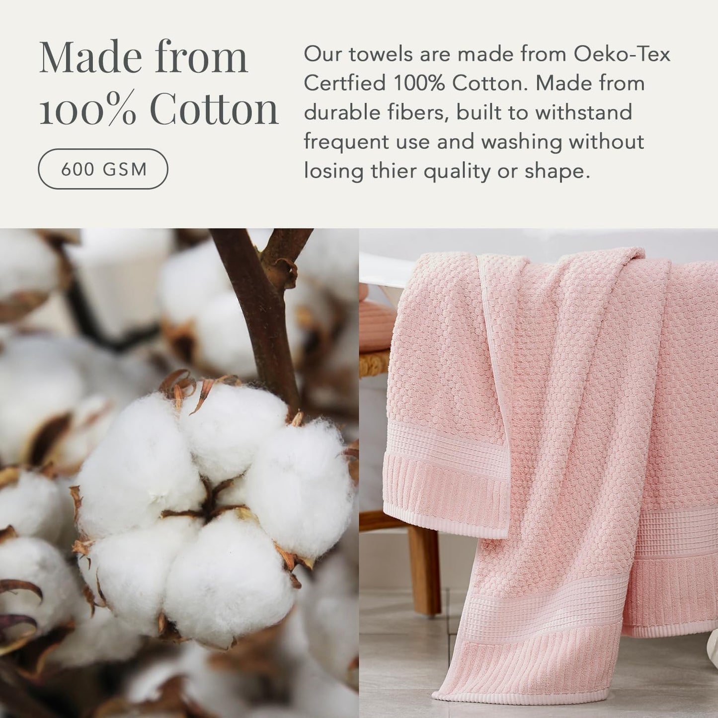 NY Loft 100% Cotton 6 Piece Bath Towel Set | Pink Towels | Soft & Absorbent Quick-Dry | 2 Bath Towels 2 Hand Towels and 2 Washcloths | Textured and Durable | Oeko-TEX Standard 100 | Light Pink