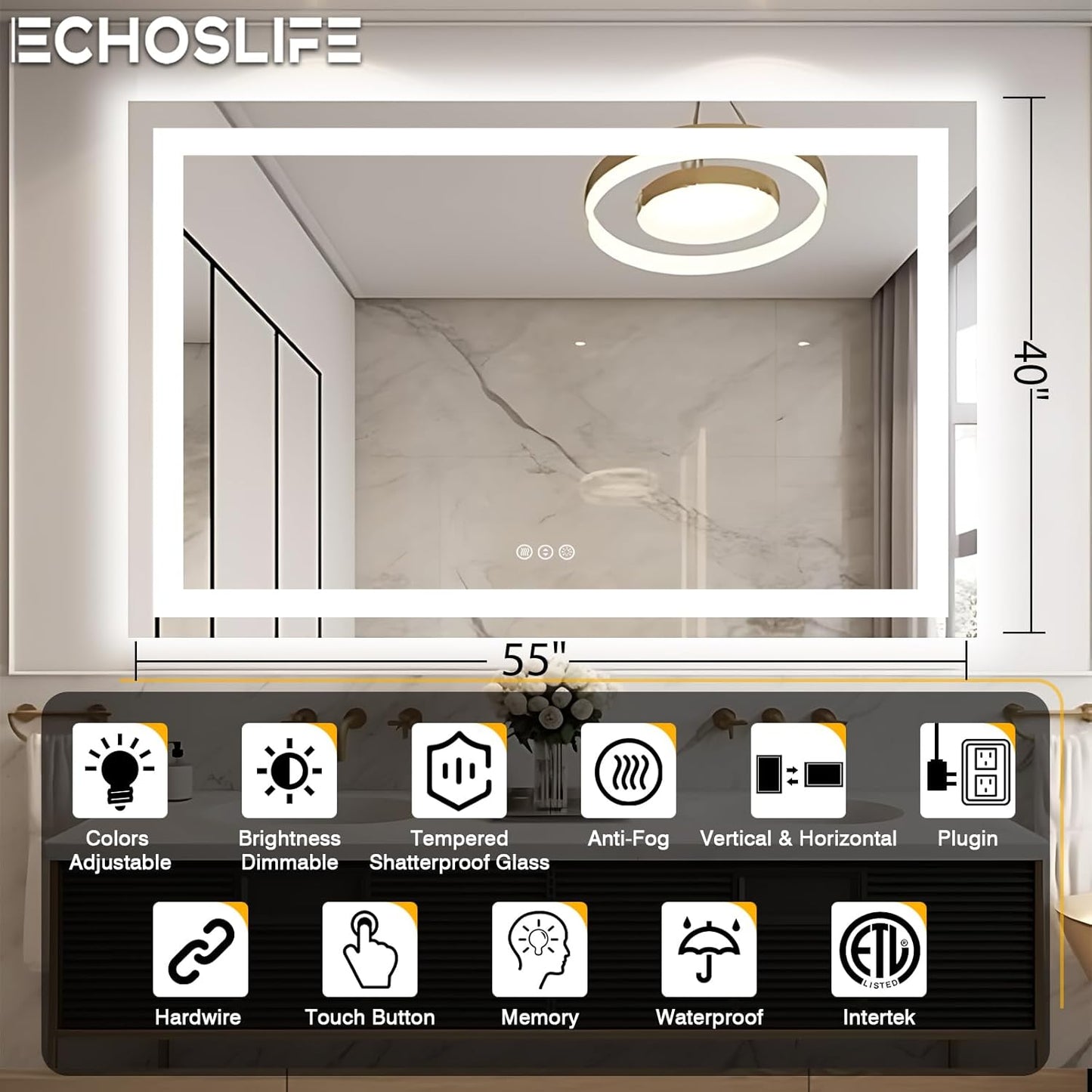 55"x40" Bathroom Mirror with LED Lights, Front and Backlit Mirror, Anti-Fog LED Vanity Mirror, 3 Colors and Dimmable Mirror, Waterproof, Corrosion Proof (Horizontal/Vertical)