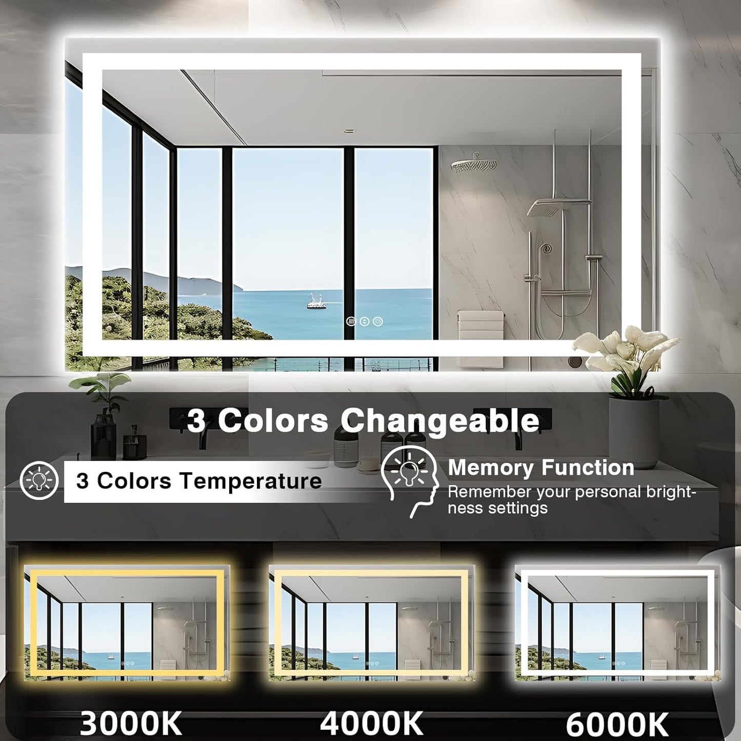 60"x36" LED Mirror for Bathroom, Front and Backlit, Anti-Fog Bathroom Mirror with Lights, Stepless Dimmable Lighted Mirror, 3 Colors Smart Mirror (Horizontal/Vertical)