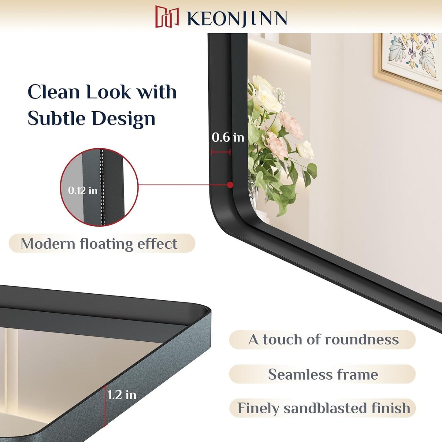 Keonjinn Black Framed Mirror for Bathroom 40 x 30 Inch Rounded Rectangle Wall Mirror, Matte Black Vanity Mirror for Over Sink, Tempered Glass Farmhouse Mirrors Seamless Metal Frame