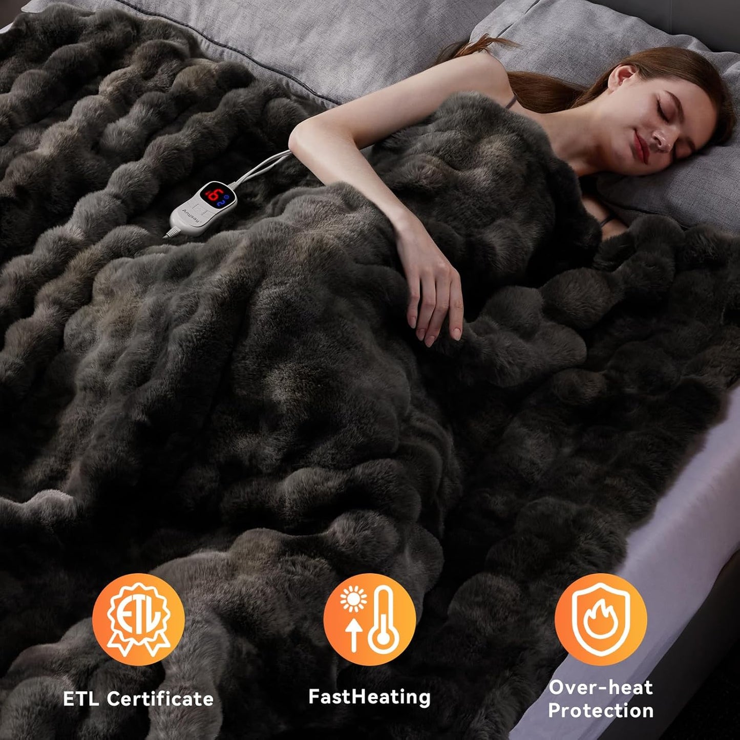 Heated Blanket Queen Size with 1/2/4/6/8 Hours Auto-Off 10 Heat Level, 72'' * 84'' Cozy Faux Rabbit Fur Bubble Electric Blanket with Overheat Protection(Tie-Dye Dark Grey)