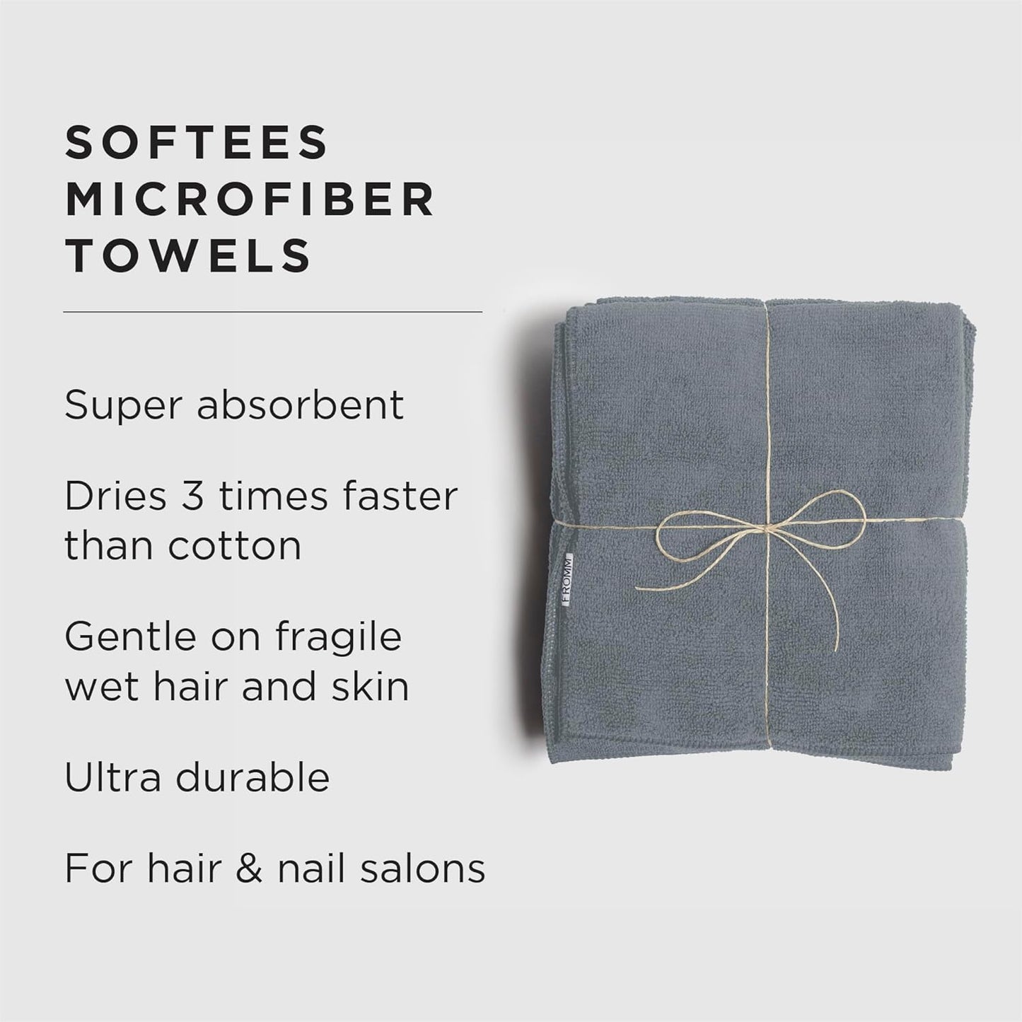 Fromm Softees Microfiber Salon Hair Towels for Hairstylists, Barbers, Spa, Gym in Granite Blue, 16" by 29", 10 Count Perfect Hair Care Towel for Drying Curly, Long, Wavy Hair