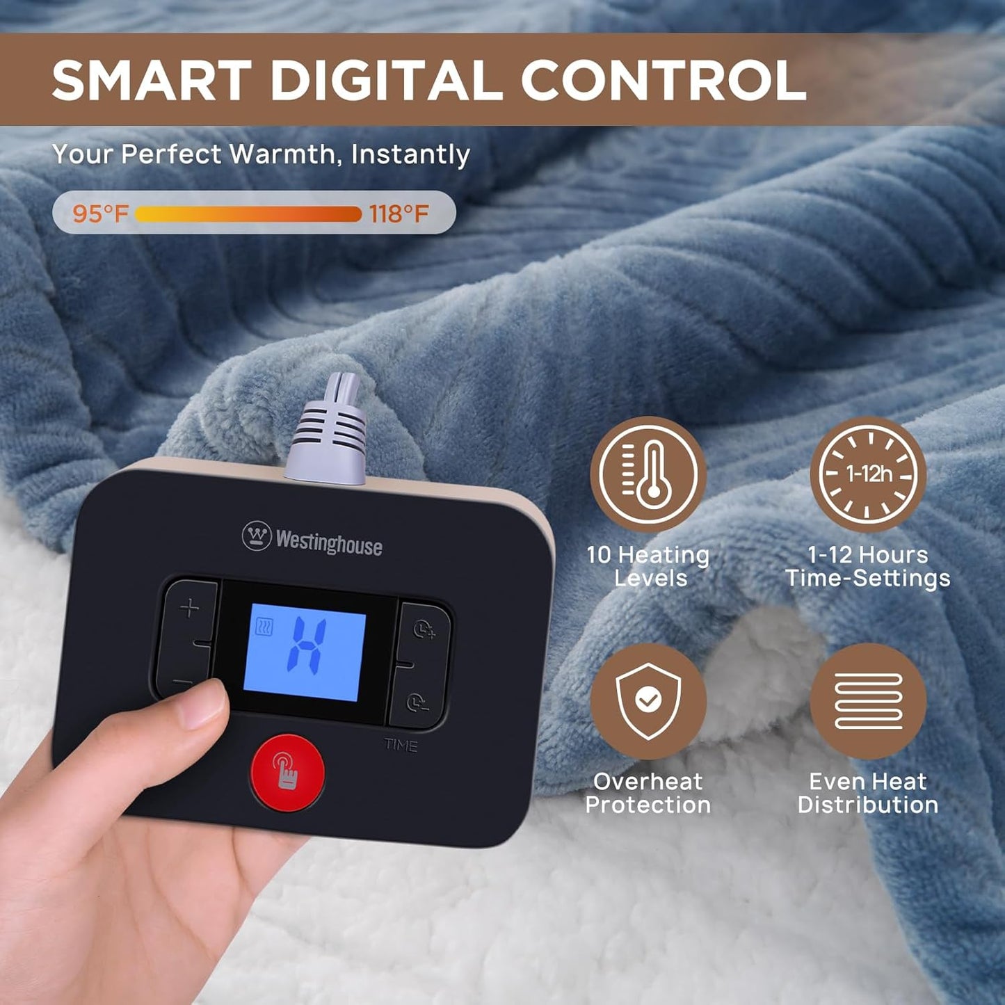 Westinghouse Electric Blanket Twin, Flower Jacquard Heated Blanket Twin Size with 10 Heating Levels and 1-12 Hours Auto-Off, Flannel to Sherpa Reversible, Machine Washable (62" x 84", Blue)