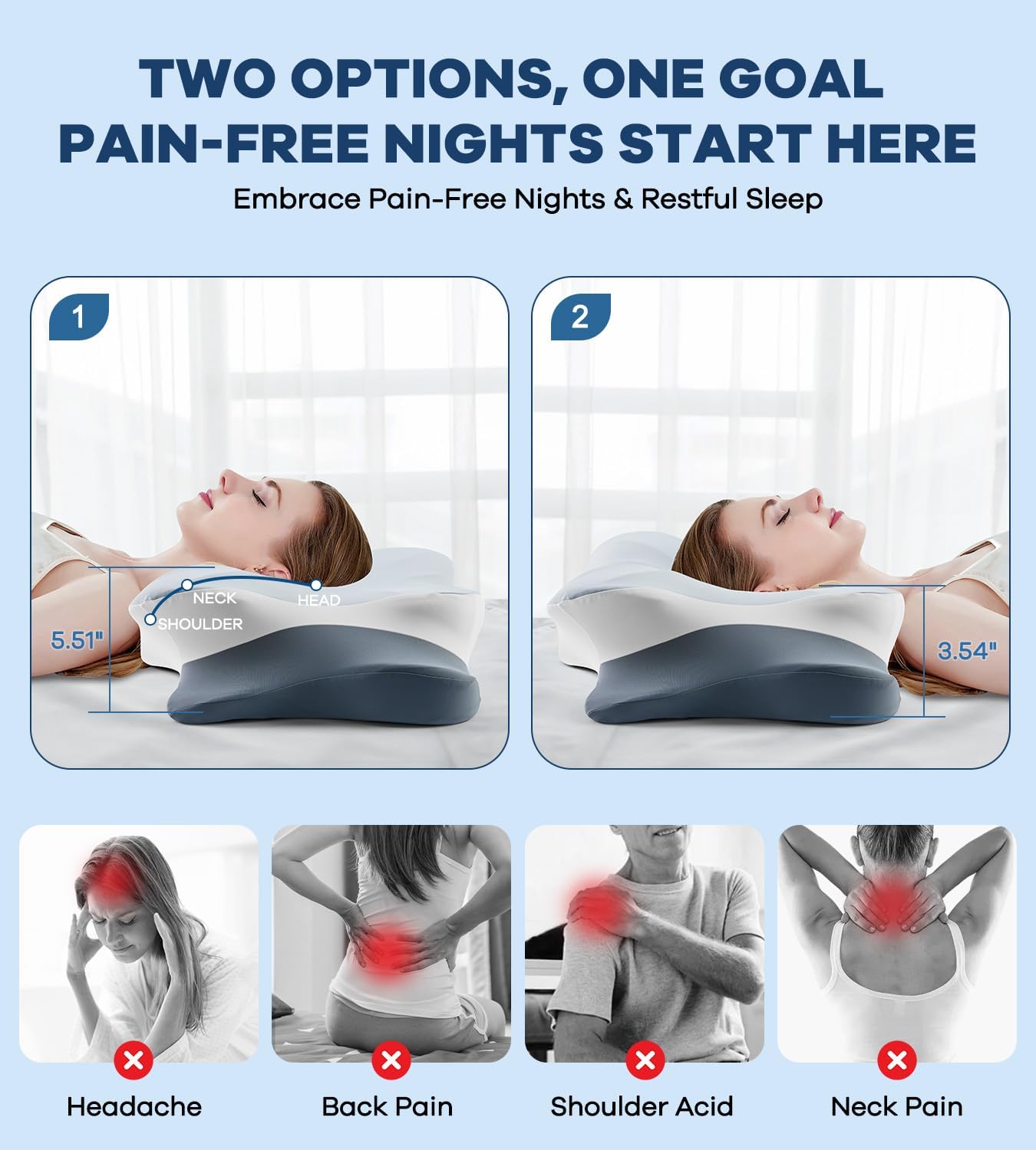 Cervical Pillow for Neck Pain Relief -Cooling Ergonomic Memory Foam Pillow with Ice Silk Pillowcase, Dual-Height Orthopedic Support Contour Pillow for Side/Back/Stomach Sleepers, CertiPUR-US Certified