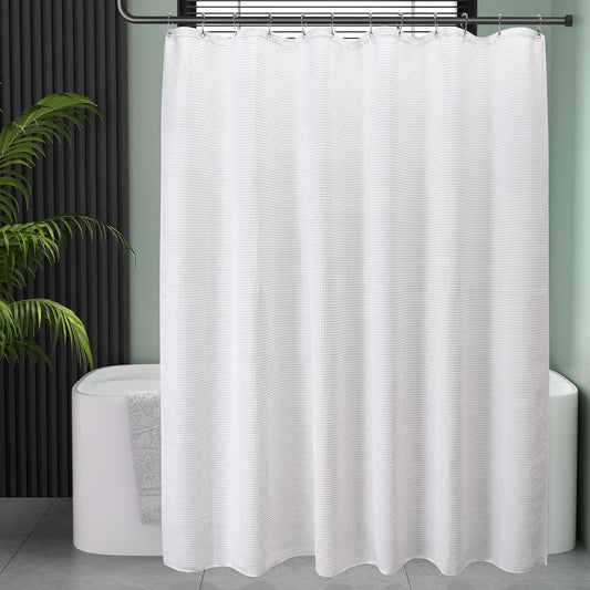 AmazerBath White Shower Curtain Fabric, Waffle Shower Curtain Polyester, Luxury Cloth Shower Curtains for Bathroom, Hotel Quality, Machine Washable, Heavy Duty, 72 x 72 Inches (Matte White)