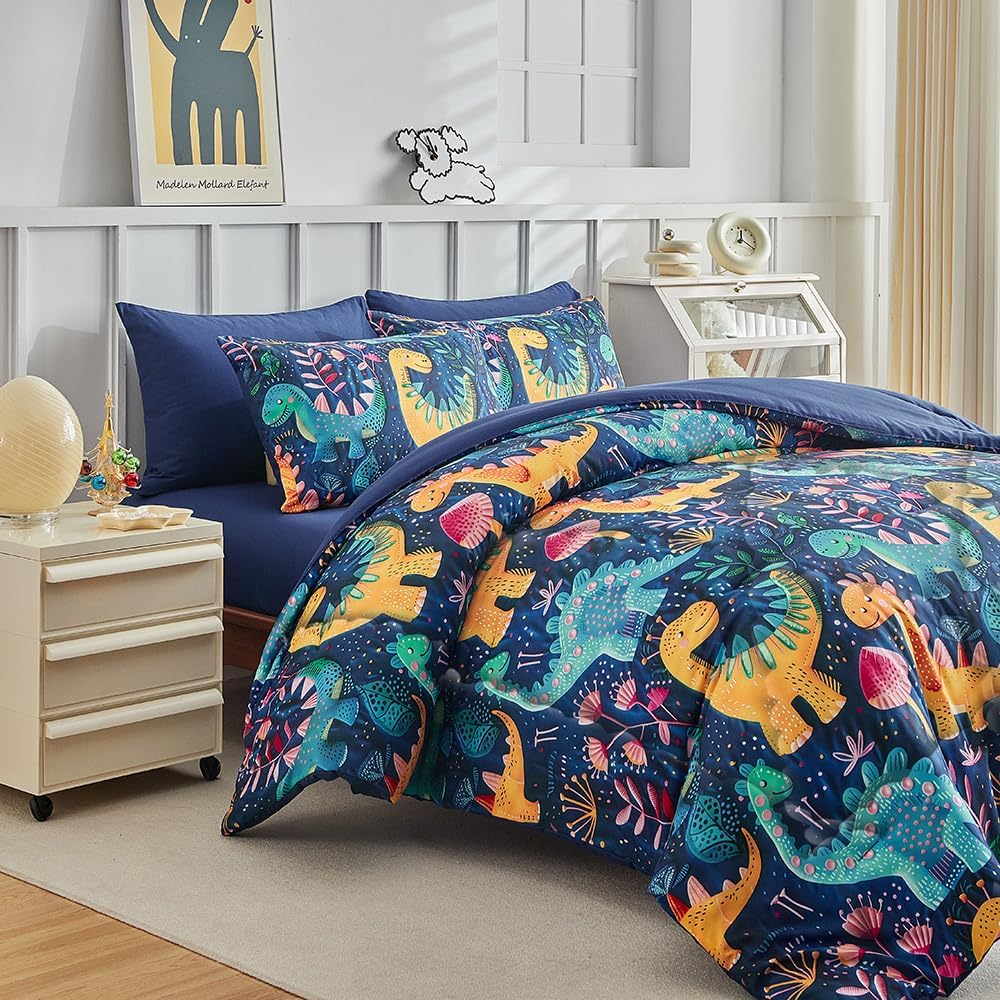 Wajade 7 Piece Dinosaur Comforter Set for Boys 3D Blue Dinosaur Print Bedding Set for Kids Teens Bed in A Bag Twin Size (1 Comforter, 1 Flat Sheet, 1 Fitted Sheet, 2 Pillowcase and 2 Pillow Sham)
