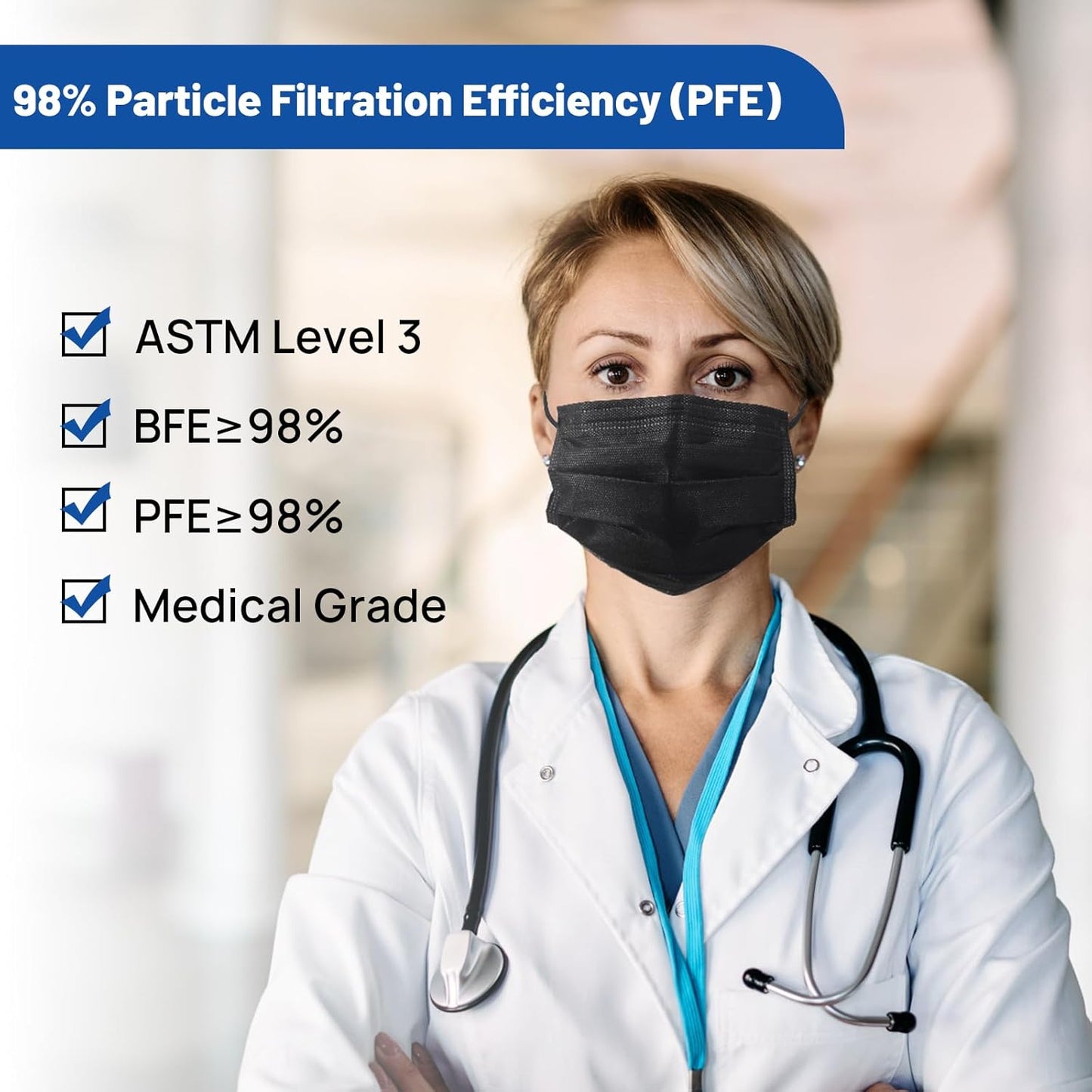 JMU Black Disposable Face Masks, (40Box, 2000Pcs) 4-Ply ASTM Level 3 Medical Mask for Adults