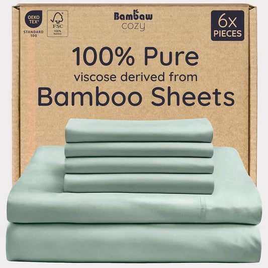 Bambaw 100% Viscose Derived from Bamboo Sheets Queen Size Set – 6pcs Deep Pocket Cooling Queen Sheets, Fits Up to 16'' with Elastic Corner Straps, Buttery Soft & Breathable (Sea Glass)
