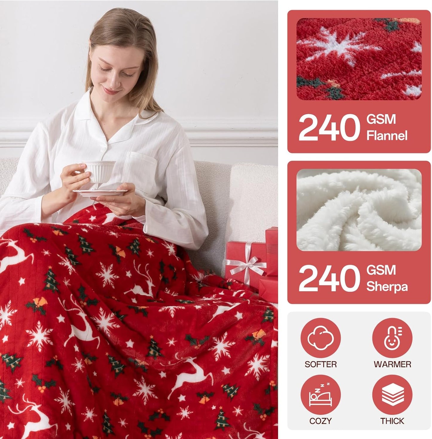 Heated Blanket Twin Size, Electric Blanket with 1-10 hrs Timer Auto-Off & 8 Heating Levels, Flannel& Sherpa Heating Blanket with ETL Certified, Christmas Blanket Gifts Machine Washable (62x 84”, Red)
