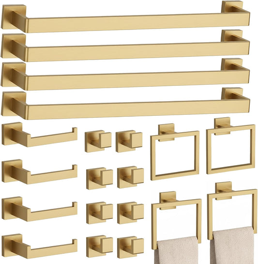 20-Piece Brushed Gold Bathroom Accessories Set – 23.6" Towel Bar, Towel Ring, Toilet Paper Holder & Hooks, Wall Mounted Bathroom Hardware, Rust & Corrosion-Resistant, Ideal for Modern Bathrooms