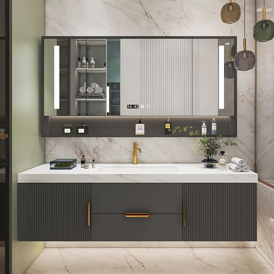 Bathroom Vanity with Single Sink, Modern Bathroom Vanities Compo Includes LED Smart Defogging Mirror Cabinet and Open Shelf, Solid Wood Bathroom Sink Vanity with Slate Countertop (Dark Grey,40")
