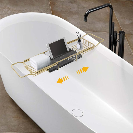 Bathtub Tray Caddy for Luxury Bath, Stainless Steel 26.8-35.4 in Expandable Extra Wide Bath Tub Tray with Natural Marble and Mobile/Tablet Stand, Ideal for Home Spa Lovers (Gold + Black)