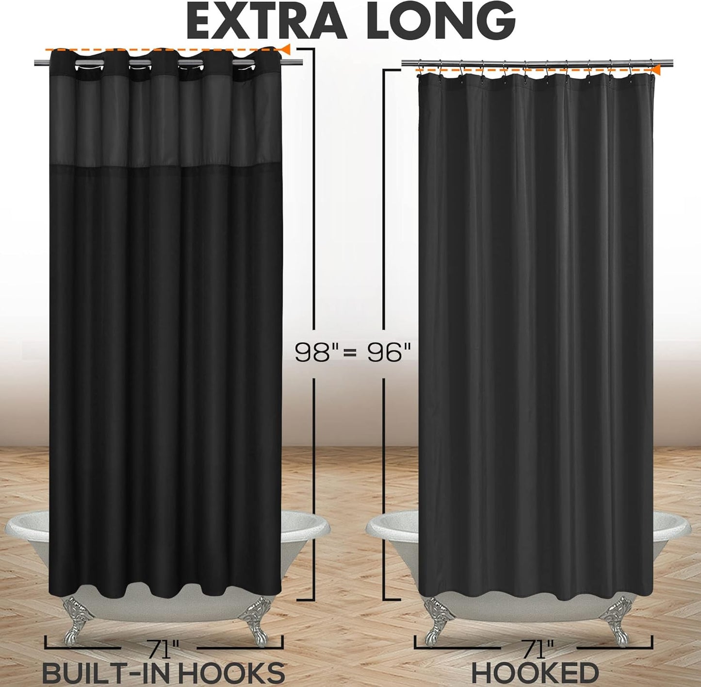 Extra Long No Hook Slub Textured Shower Curtain with Snap-in PEVA Liner Set - 71" x 98"(96"), Hotel Style with See Through Top Window, Black Fabric Curtain & Waterproof Liner, Black, 71x98