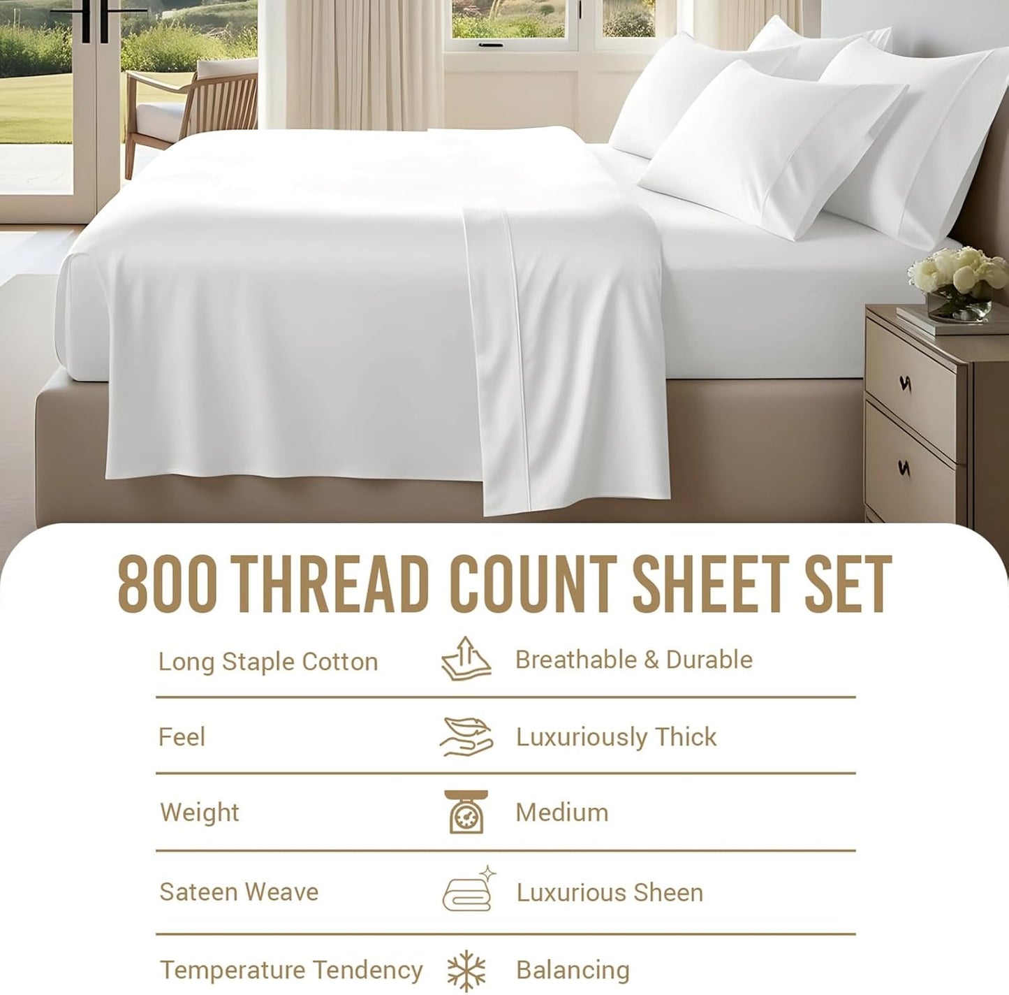 Pizuna Pure 100% Cotton Sheets Full Size, 800 Thread Count Long Staple Cotton Crisp Sateen Sheets with 15" Deep Pocket