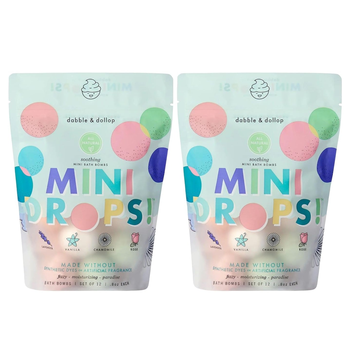 Dabble & Dollop Mini Bath Bombs, 100% Natural Droplets for Kids, Soothing Scents - Resealable Pouches, Fizzy, Moisturizing & Fun, Vegan, Gluten-Free, Cruelty-Free (Set of 24)