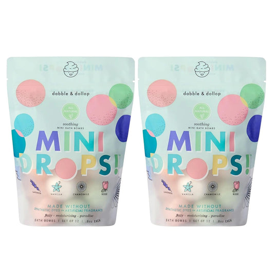 Dabble & Dollop Mini Bath Bombs, 100% Natural Droplets for Kids, Soothing Scents - Resealable Pouches, Fizzy, Moisturizing & Fun, Vegan, Gluten-Free, Cruelty-Free (Set of 24)
