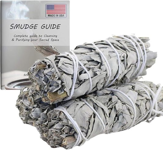 ANCIENT VEDA 4 Inch White Sage Smudge Sticks Bulk With Starter Guide (3 Pack) Smudging Sticks Bulk Sage for Cleansing House | White Sage for Smudging and Negative Energy Yoga | California Sage Bundles