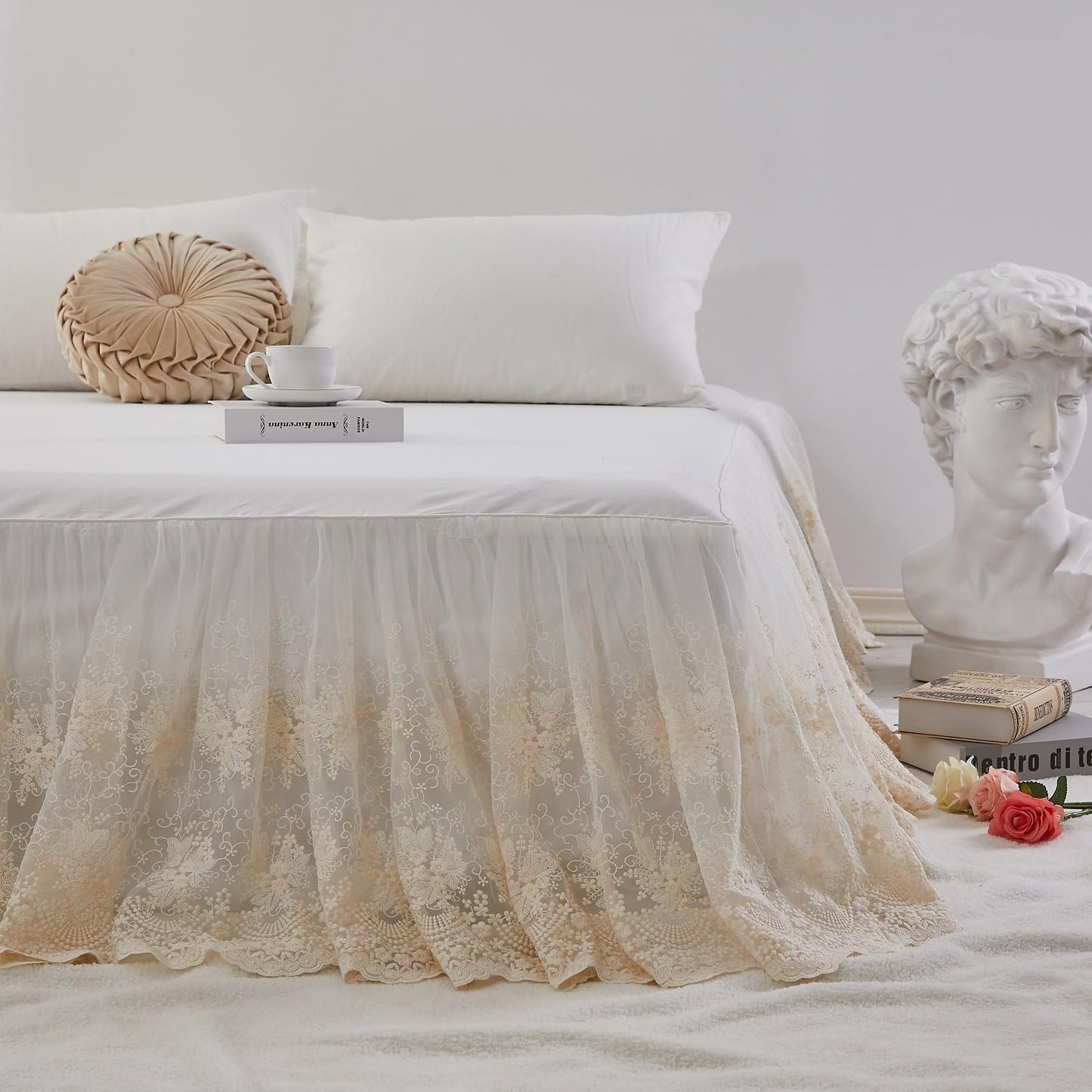 Brandream Lace Bed Skirt Twin Size Cream White 18 Inch Drop Romantic Dust Ruffle Split Corners Bed Sheets Cover Excellent Quality
