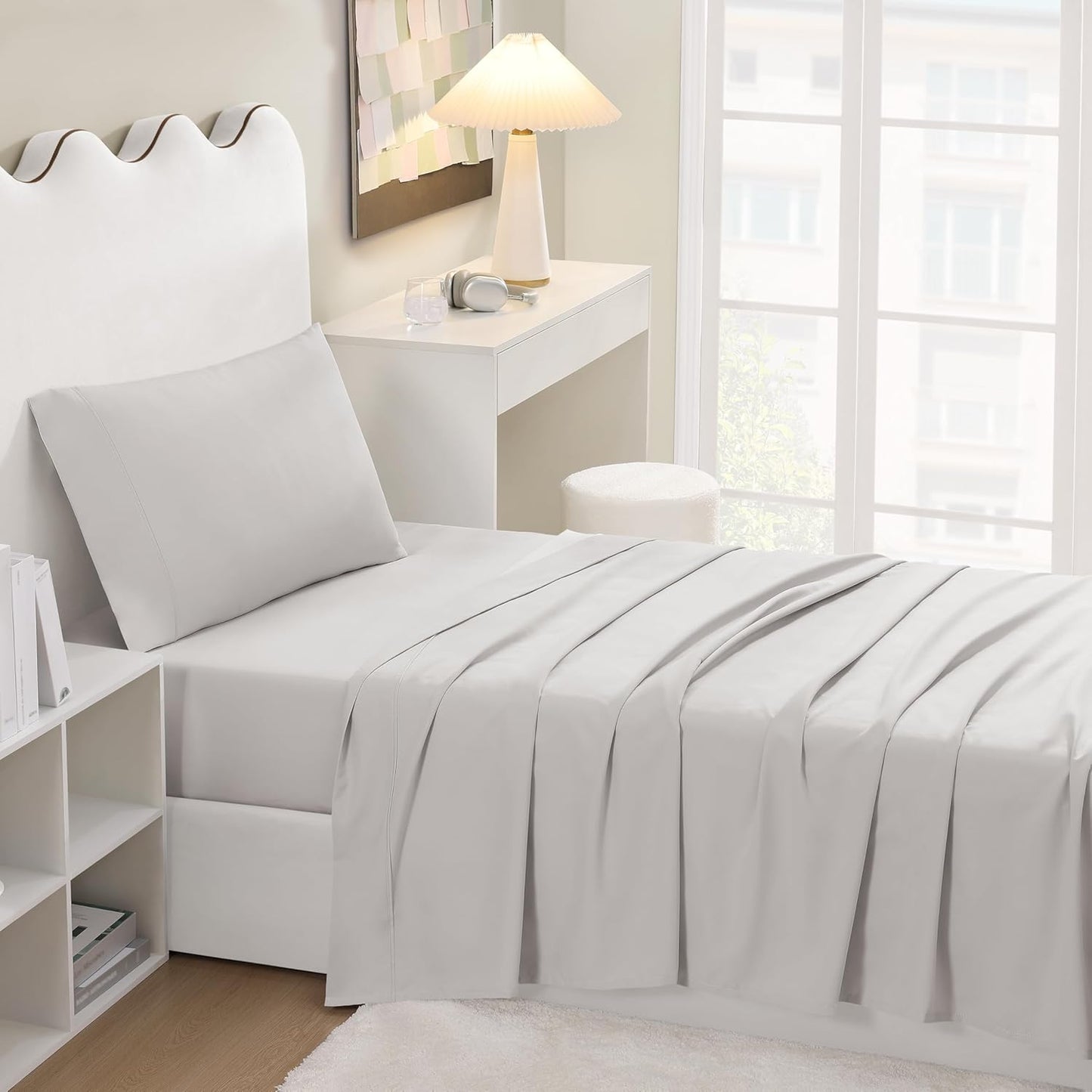 UGG Twin XL Sheet Set 3-Piece Luxury Cooling Sheets Deep Pockets Premium Bedding with 1 Pillow Sham Machine Washable, for Dorm Essentials & College Bedding, Twin XL, Stone Grey (Hedi)