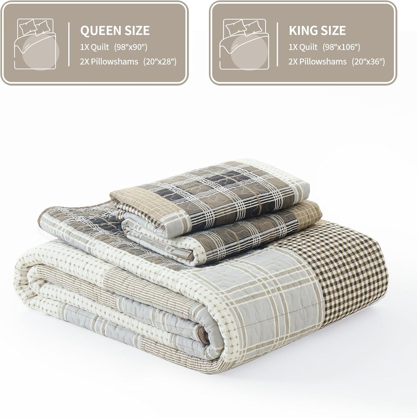 KALOOLA Plaid King Quilt Set, 100% Cotton Beige King Quilt Bedding Set, Farmhouse Reversible Quilted Bedspread Coverlet with 2 Pillow Shams, Lightweight Thin Comforter for All Season, 3 Pieces