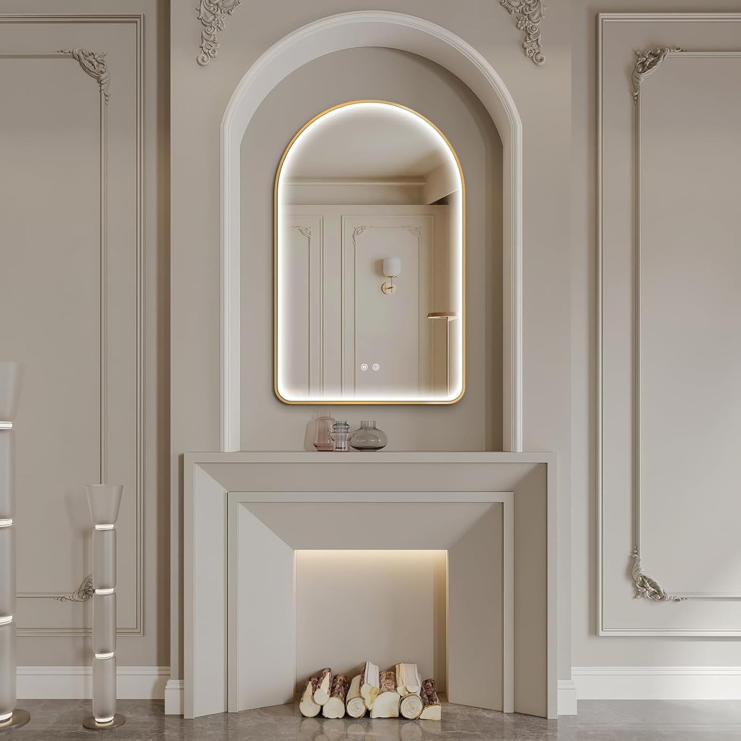 Niccy Arched LED Bathroom Mirror, 48"x30" Gold Framed Arch Wall Lighted Mirrors, Arching Frontlit Vanity-Mirror with Memory Function for Bathroom Bedroom, Defogger and 3 Color, Explosion-Proof