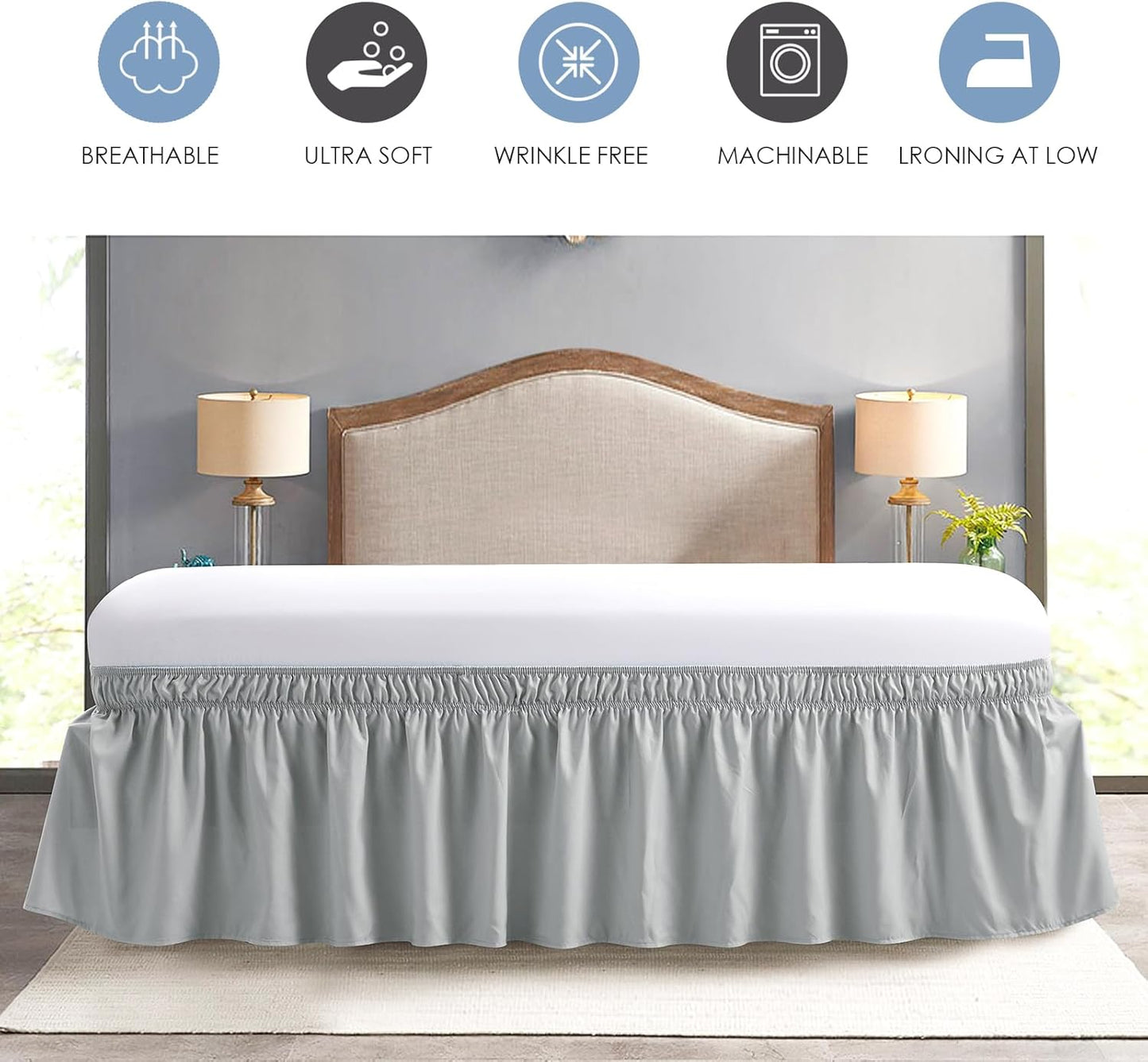 FreshCulture Elastic Bed Skirt - Full Size, 18-Inch Drop, Hotel Quality Dust Ruffle (Light Grey)