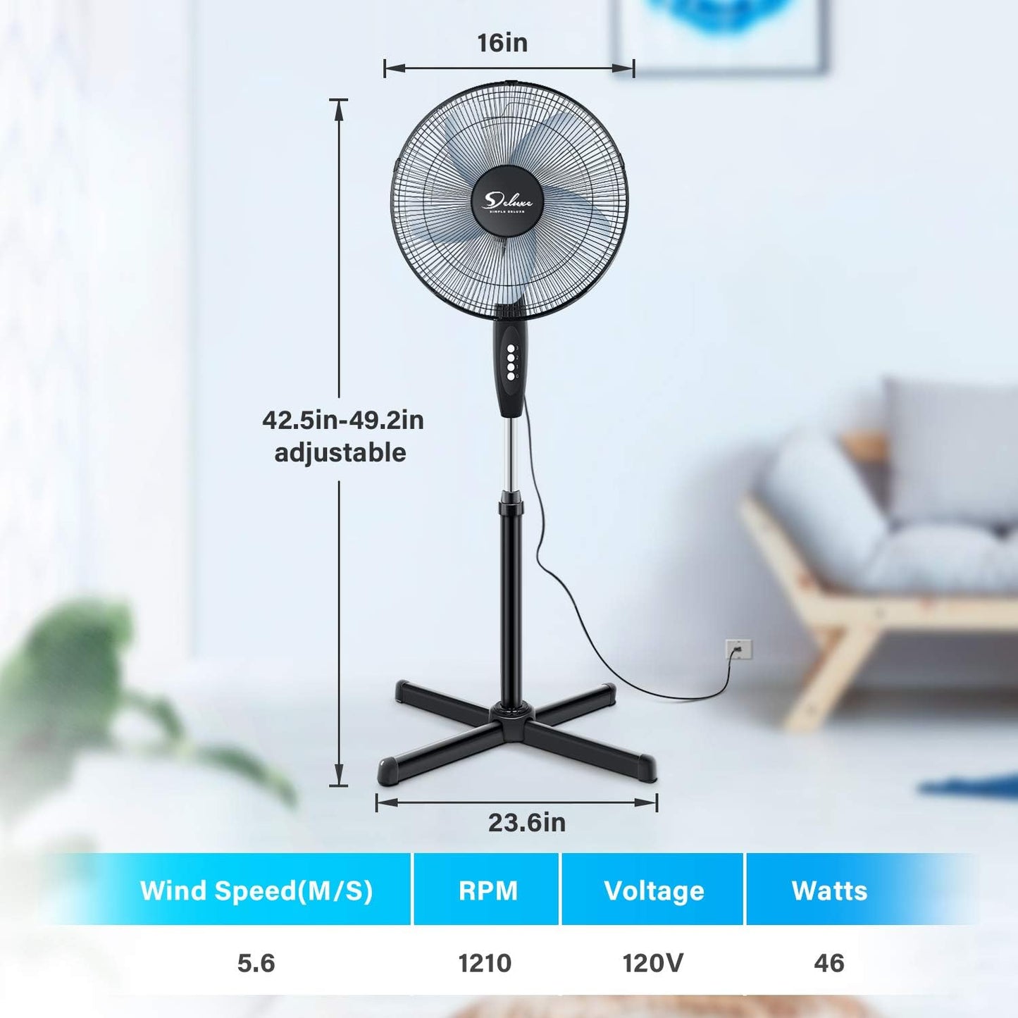 Simple Deluxe Oscillating 16'' 3 Adjustable Speed Pedestal Stand Fan for Indoor, Bedroom, Living Room, Home Office & College Dorm Use, 16 Inch, Black