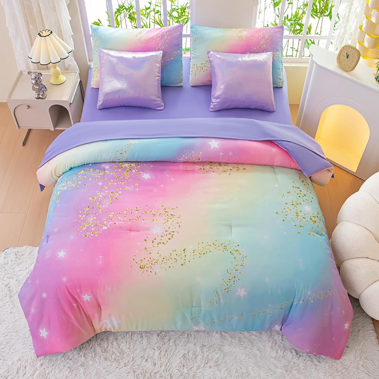 Rainbow Bedding Set Full Size – 7 Piece Reversible Girls Comforter with Deep-Pocket Sheet, Gradient Galaxy Design, Whole-Piece Filling, Machine Washable Bed-in-a-Bag for Kids Room Makeover & Gifts