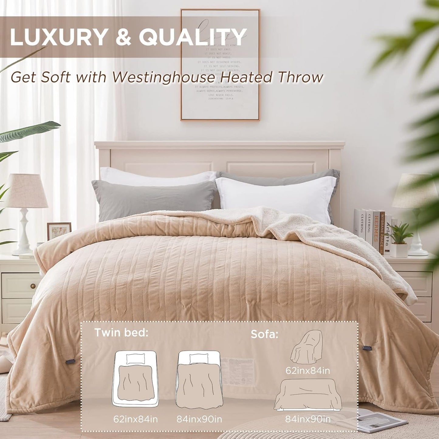 Westinghouse Full Size Heated Blanket, Soft Flannel & Sherpa, 10 Heating Levels, Auto Shut Off, Machine Washable, Beige, 72x84 Inch