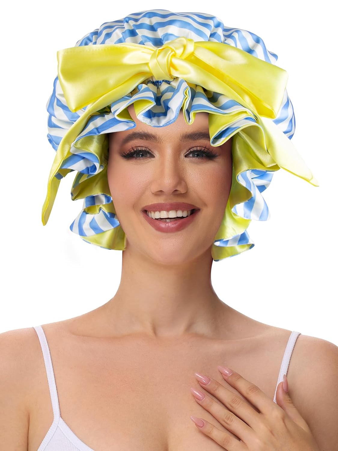 Silk Bonnet, Satin Hair Shower Cap for Sleeping Women 2025 Tie Band Adjustable Straps Head Wrap for Curly Hair Blue Stripe F