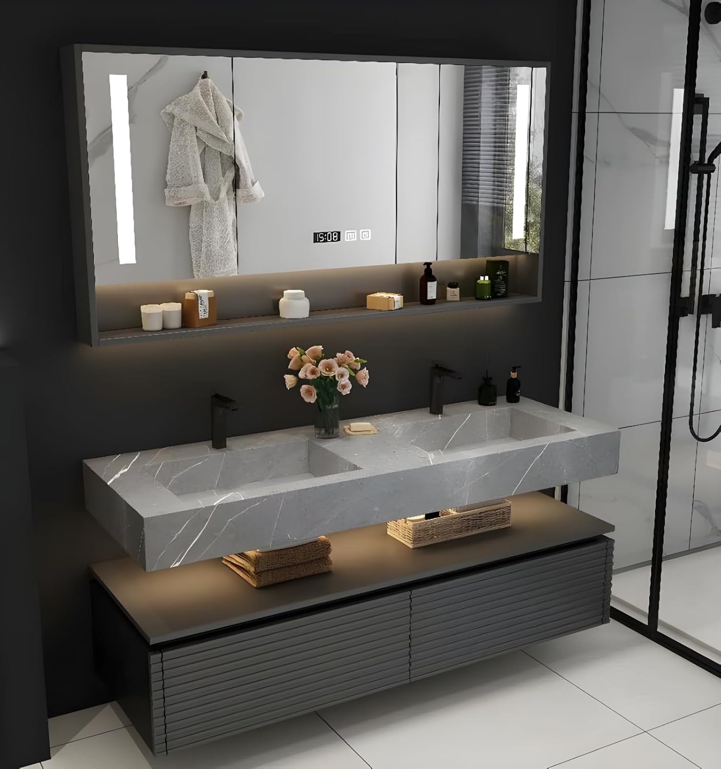 Double Sink Bathroom Vanity, Floating Bathroom Vanity with LED Smart Defogging Mirror and One-Piece Sink, Modern Bathroom Vanities with Open Floating Shelf, Rock Countertop & Faucet (Grey,56")