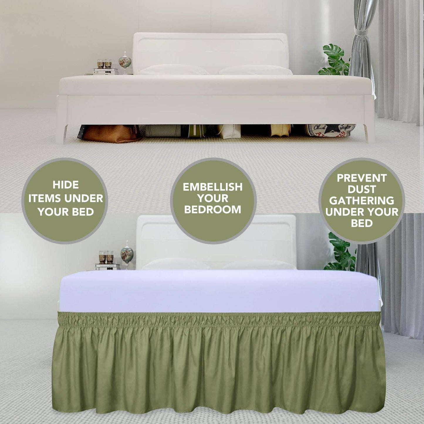 PureFit Wrap Around Ruffled Bed Skirt with Adjustable Elastic Belt - 22 Inch Drop Easy to Put On, Wrinkle Free Bedskirt Dust Ruffles, Bed Frame Cover for Queen, King and C-King Size Beds, Light Green