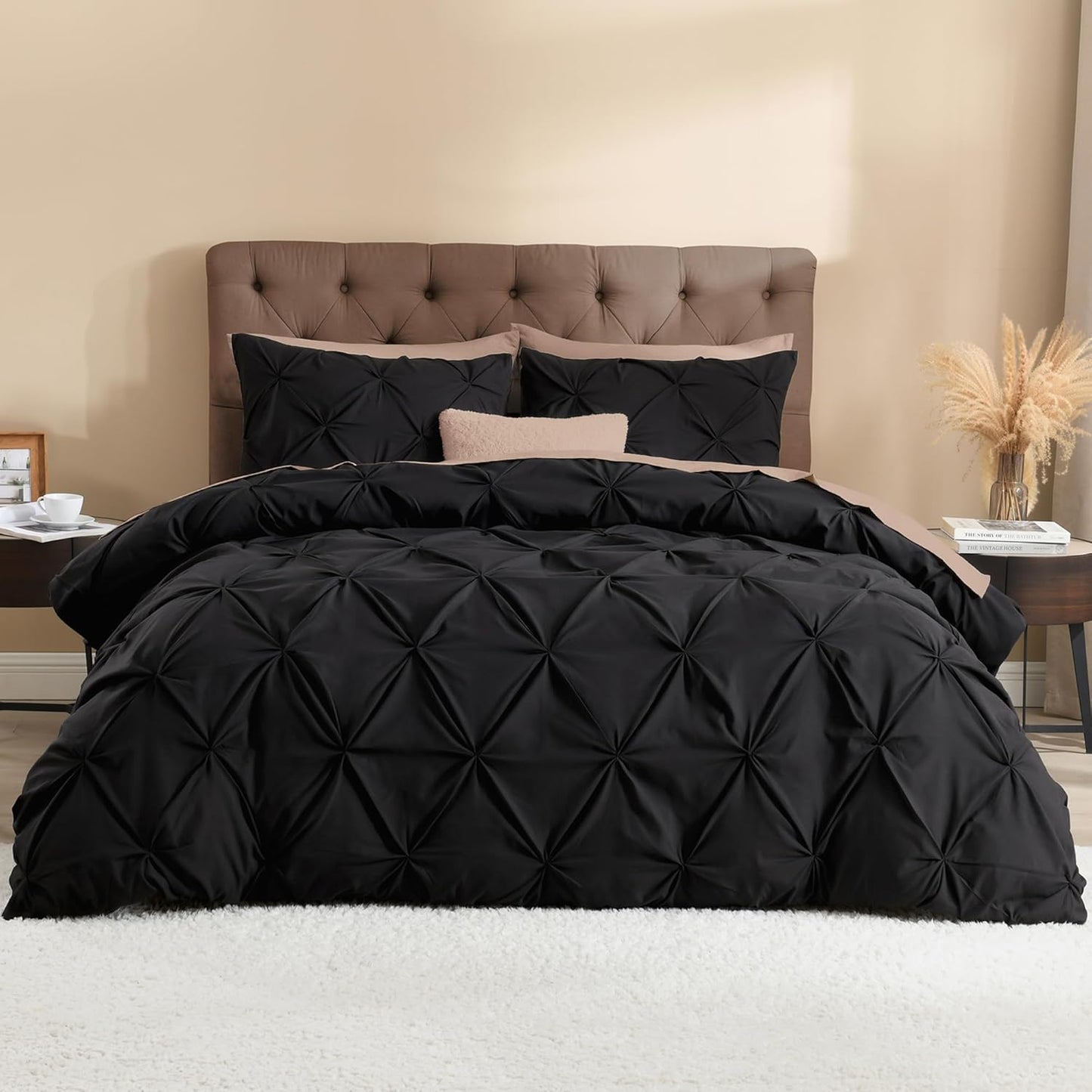 Litanika Black Oversized King Pinch Pleat Duvet Cover, 3 Pieces Pintuck Cover Soft Microfiber Bedding Set with Zipper Closure & Corner Ties(1 Duvet Cover, 2 Pillowcases)